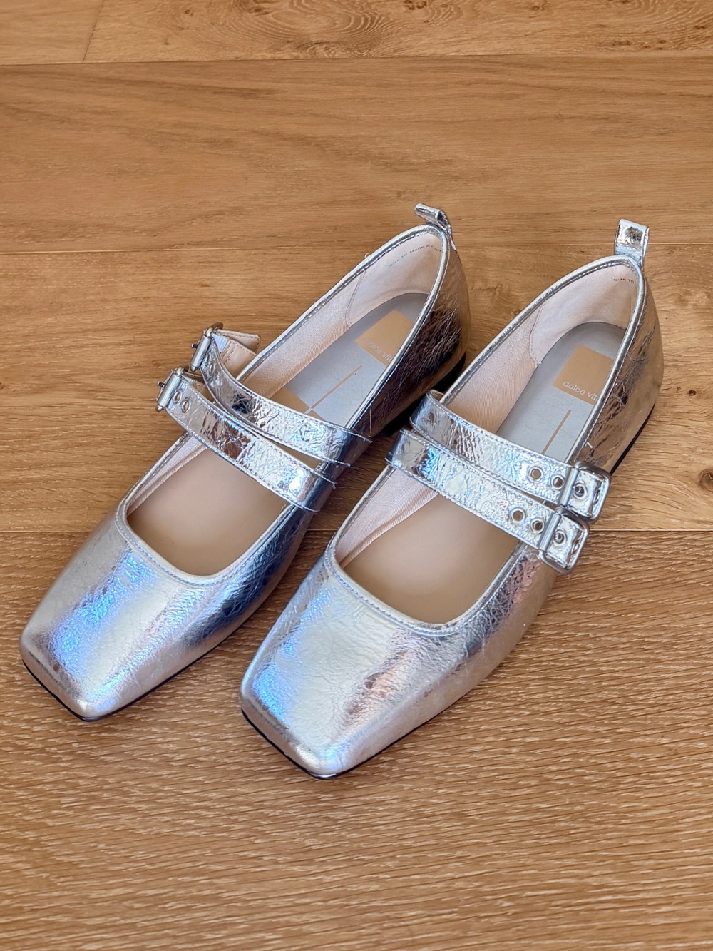 NWOT Dolce Vita Metallic Silver Double Strap Mary Jane Flats Square Toe Size 10